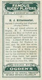 1926 Ogden’s Famous Rugby Players #7 Harold Kittermaster Back